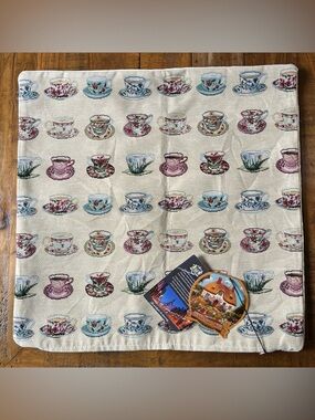 NWT Hines of Oxford Tea Party Tapestry Pillow Cover Teacups Cute England Cushion